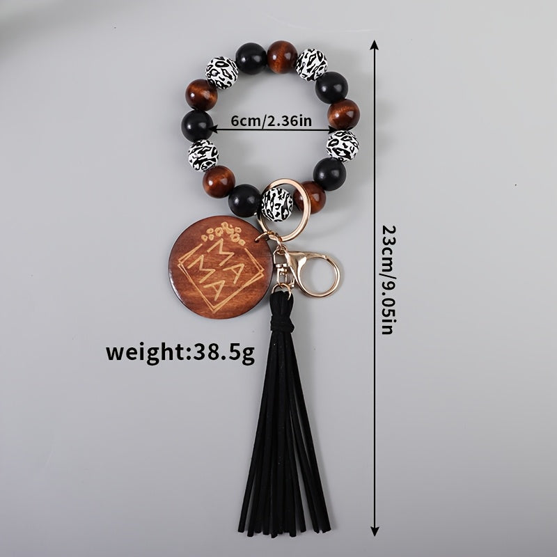 6pcs/set Printed Wooden Beads MAMA Wooden Plaque Charm Bead Wrist Key Ring Tassel Anti Loss Car Keychain Backpack Accessories Gift for Mom Mother's Day Holiday Gift