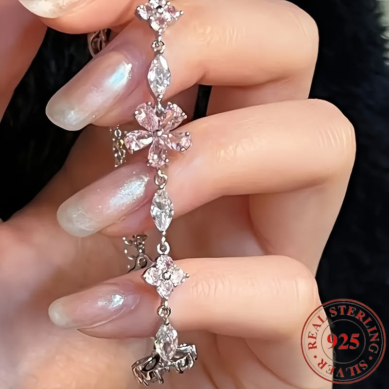 1 Women's S925 Silver Pink Cherry Blossom Bracelet, Fashionable, Cute, Exquisite Square Synthetic Synthetic Zirconia Petal Cherry Blossom Bracelet Adjustable
