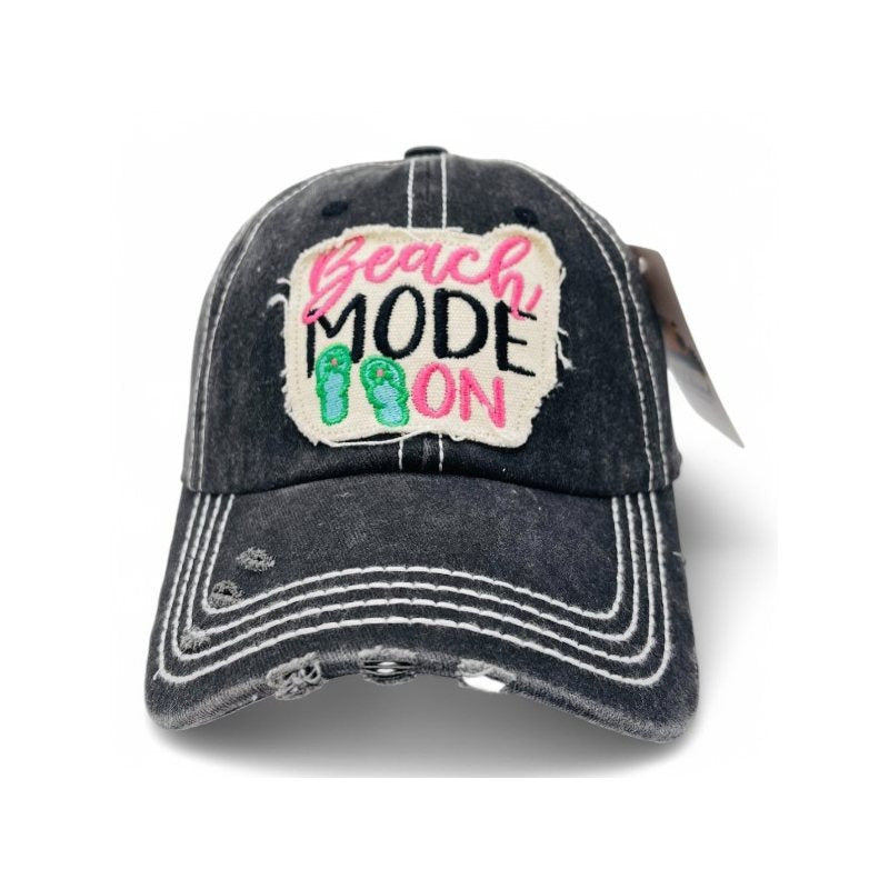 Beach Mode On Vintage Distressed Embroidered Baseball Cap For Women - 100% Cotton, Breathable, Casual, Adjustable, UV Protection
