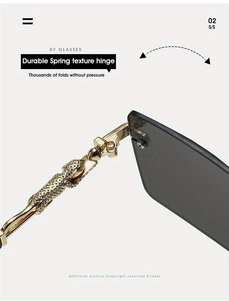 Unisex Luxury Frameless Black And Golden Sunglasses with Leopard-Decorated Arms - UV400 - Narrow Rectangular Lens - Includes Protective Case And Cleaning Cloth - High-End Gift for Men And Women - Stylish Eyewear for Driving, Travel, And Parties