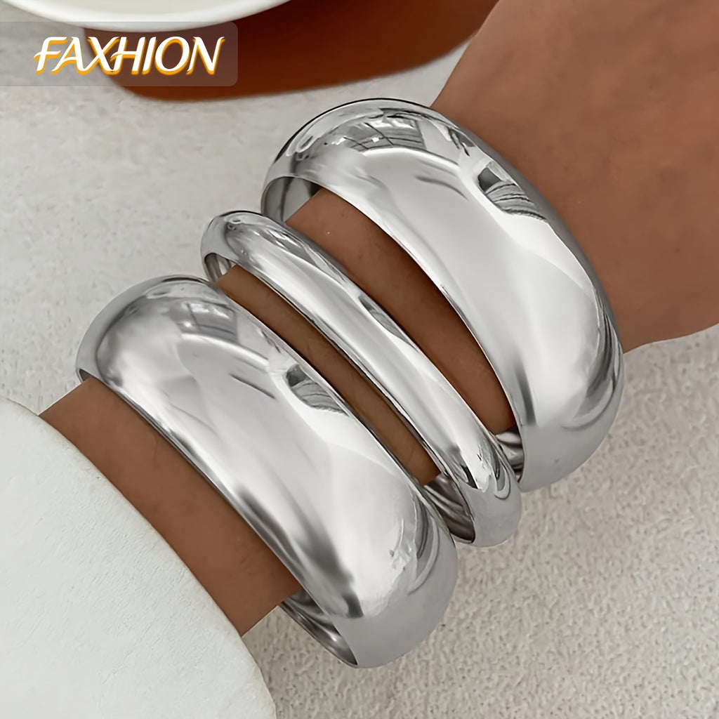 [Holidays, Parties, Dates] 3pcs Set: Geometric Circular And Asymmetrical Shaped Metal Bracelets with Twisted Textures, Cuff Style. Featuring an Exaggerated Wide And Large Design, in a Fashionable, Easy, Elegant And Retro Style. Suitable for Holidays, Part
