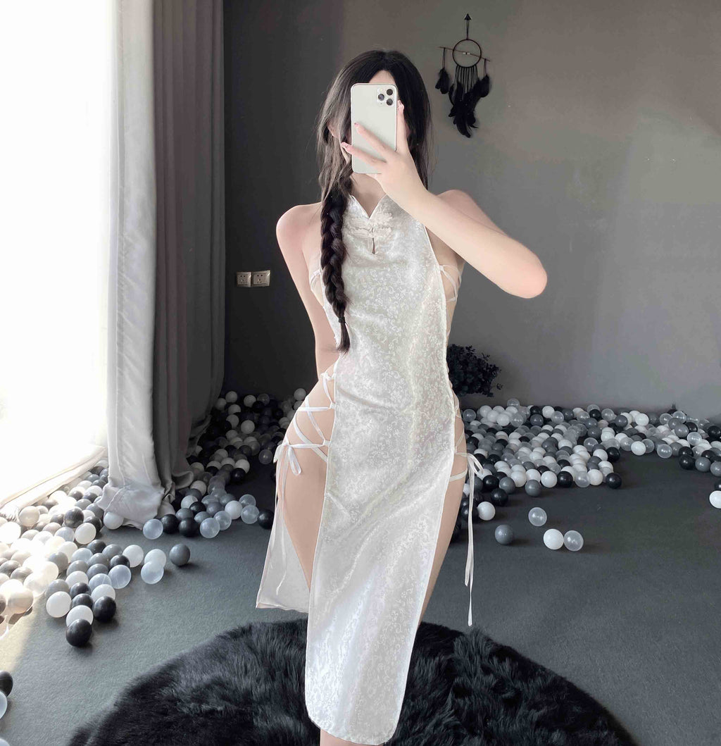 T-2384 Chinese buckle sexy seductive strappy high slit jacquard satin cheongsam nightdress