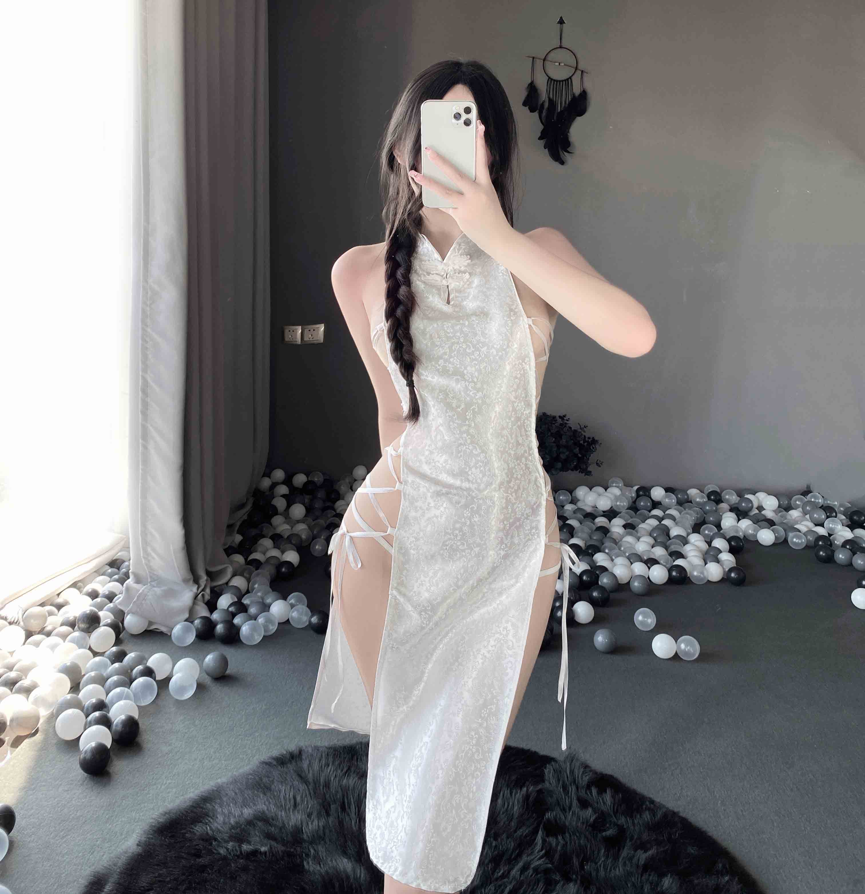 T-2384 Chinese buckle sexy seductive strappy high slit jacquard satin cheongsam nightdress