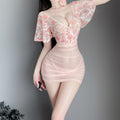MY-9292  Sexy see-through deep V floral rose light tulle high-waisted hip skirt