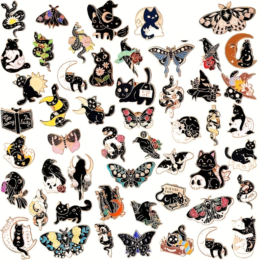 A Set of 100 Black Enamel Pins Featuring Gothic Designs Like Cats, Butterflies, Snakes, And Crows, Perfect for Adding a Quirky Touch to Clothes, Bags, And Jackets. Ideal As Gifts for Various Occasions