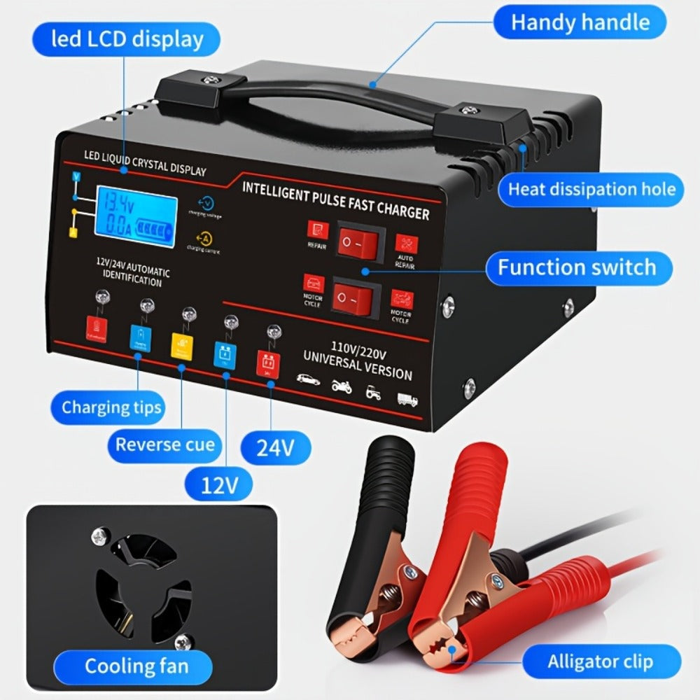 12V&24V Intelligent Universal Battery Charger With LCD Display, Smart Repair, Temperature Compensation, Overcharge And Short Circuit ProtectionSuitable For Intelligent Trickle Charging Of Cars, SUV, Trucks, Yachts, Motorcycles Battery Maintenance