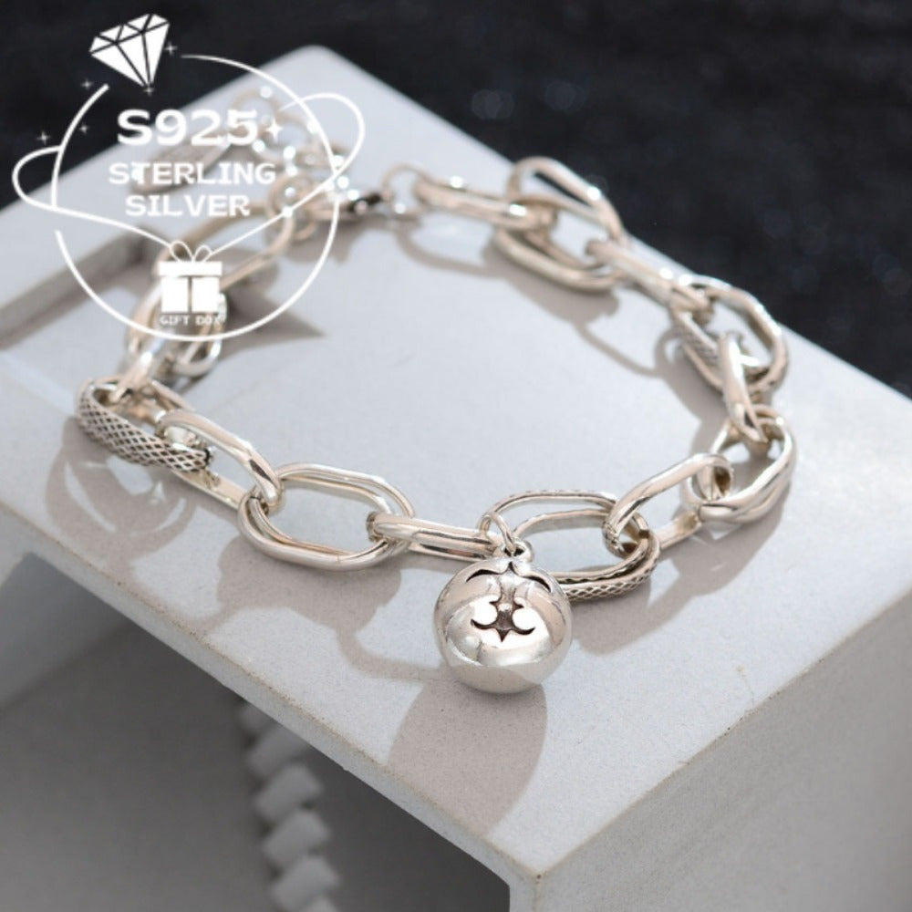 925 Sterling Silver Retro-Style Ball Chain Women's Bracelet - Hip-Hop Punk Style, Thick Chain and Bell Charm, Cool Minimalist Fashion Accessory, Daily Wear Gift, Hip-Hop Jewelry, Durable Bracelet