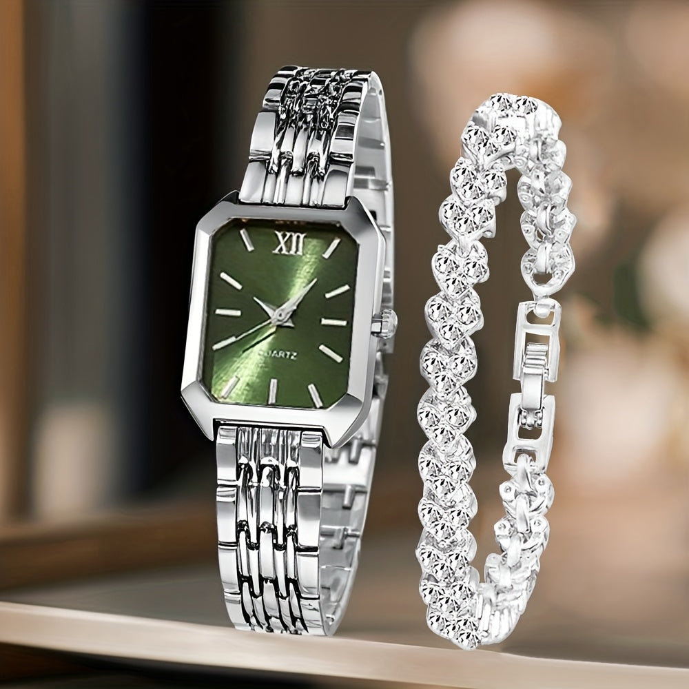 2pcs Women's Elegant Retro Watch Set - Luxury Heart Chain Quartz Watch with Rectangular Dial & Stainless, Court Style Analog Wristwatches for Easter, Wedding, or Casual Attire - Classic Timepiece Gift