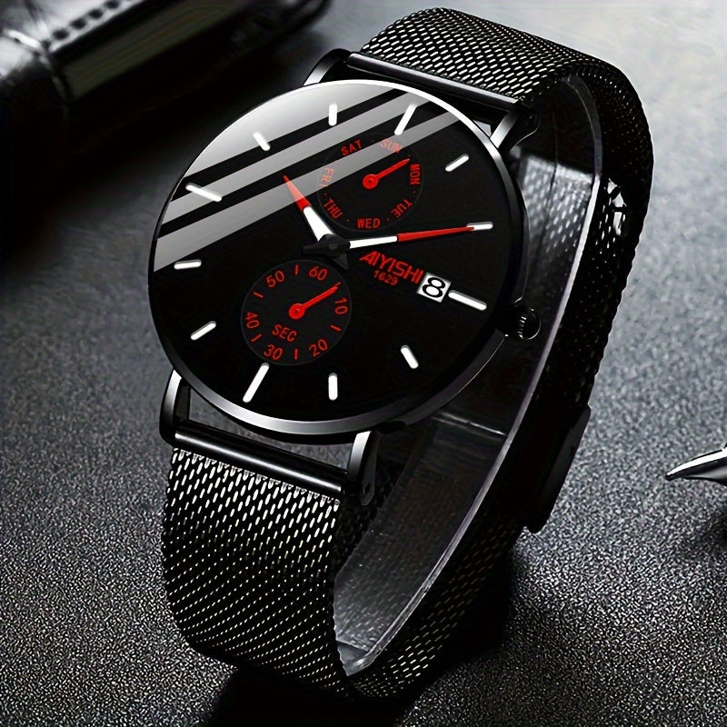 Men's Fashion Quartz Watch With Blue And Red Accents, Stainless Steel Mesh Strap, Modern Design, 14 Mm Case Thickness, Stylish Gift With Box