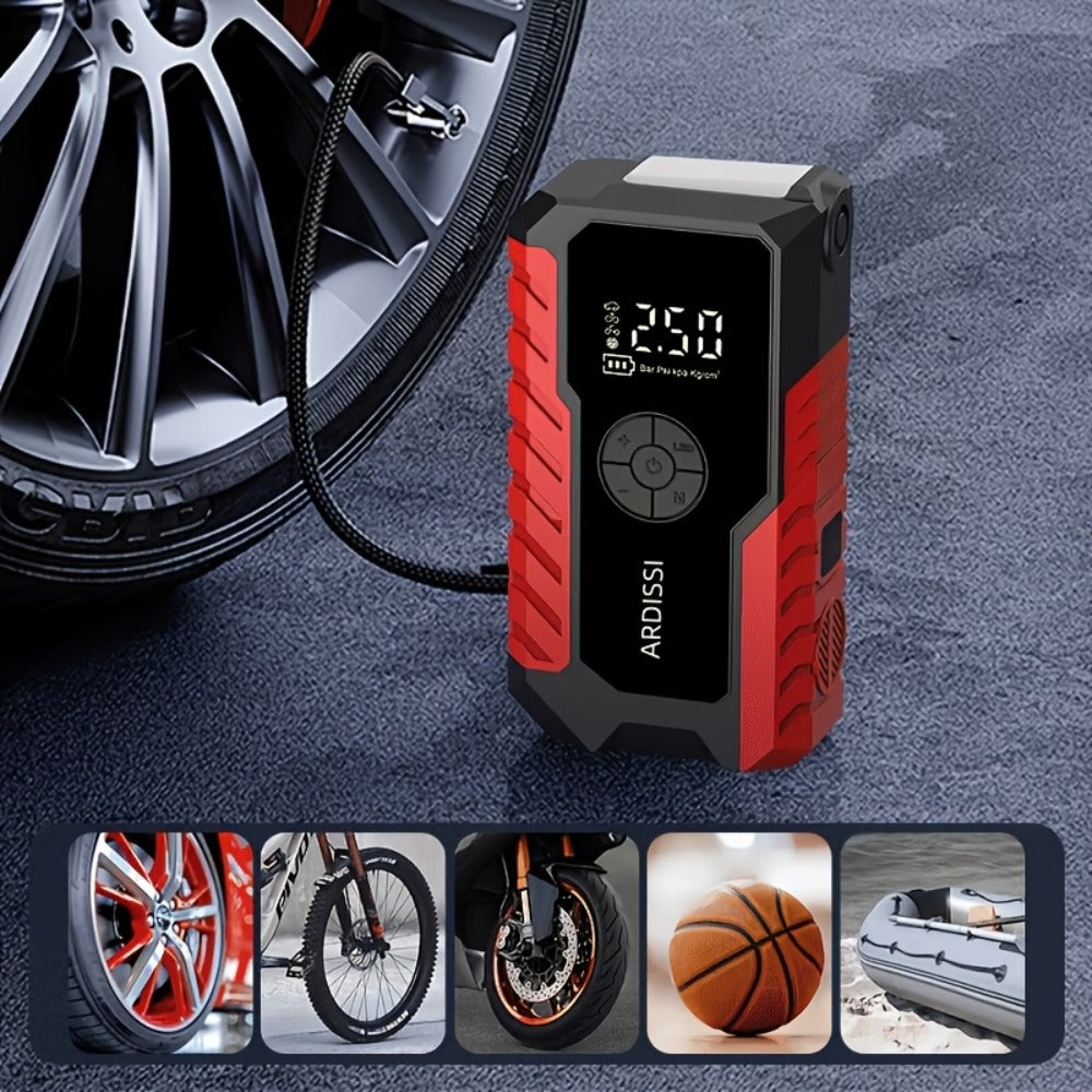 10000A 7-In-1 Multifunctional Emergency Jump Starter with 150PSI Air Pump, Digital Tire Inflator, Portable Car Battery Charger, Up to 2.64gal Gas/2.38gal Diesel, LED Emergency Light & USB Charging, Car Emergency Tool. Suitable As a Holiday Gift