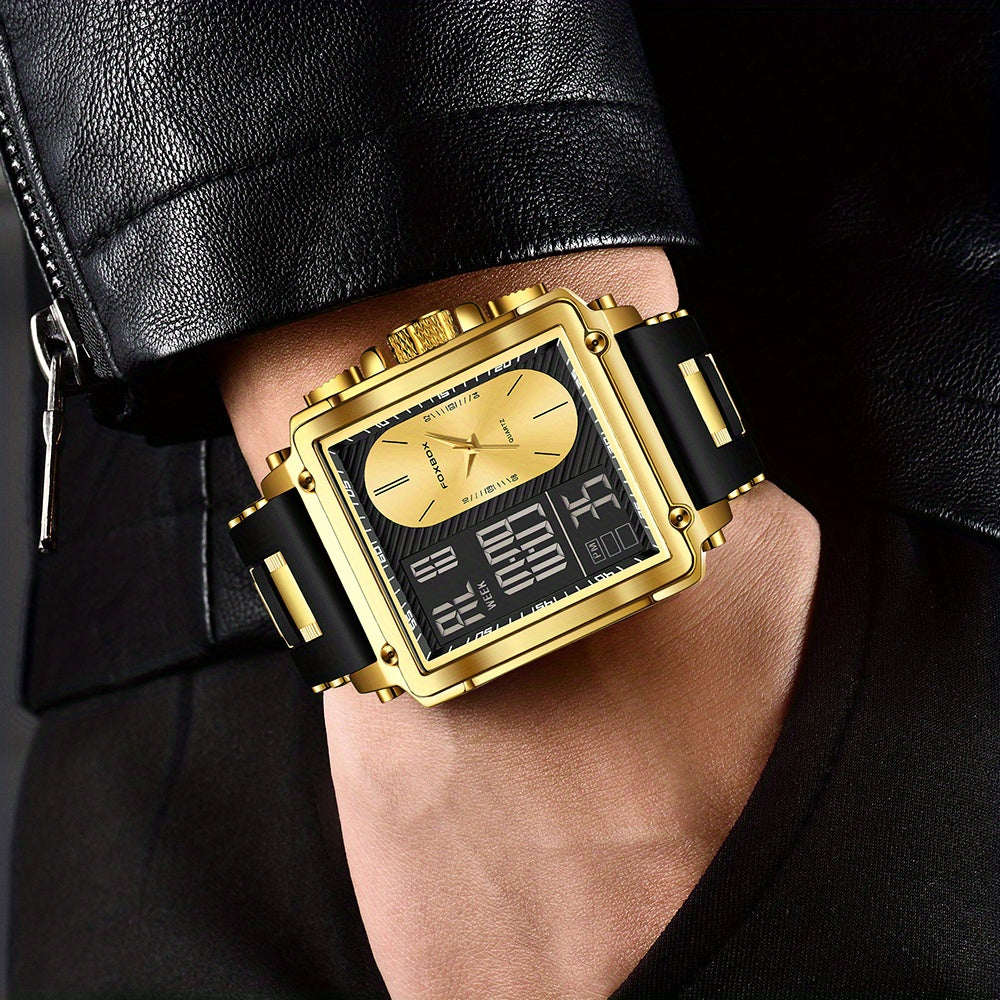 LIGE Men's Luxury Dual Display Business Watch - Golden & Black Quartz Chronograph with World Time, Stopwatch, Date Display, Square Face, Battery-Powered - Ideal for Father's Day & Christmas Gifts, Versatile Wristwatch, Modern Square Face, Sophisticated St