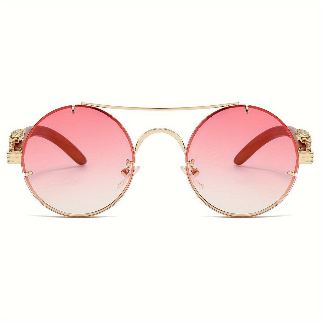 Fashionable Round Metal Frame Sunglasses with Gradient PC Lenses - Includes Protection Case - Luxury Double Bridge Design, Leopard Detail Hinges, Stylish And Chic for Both Men And Women, Perfect for Vacation, Street Photography, And As a Unique Gift