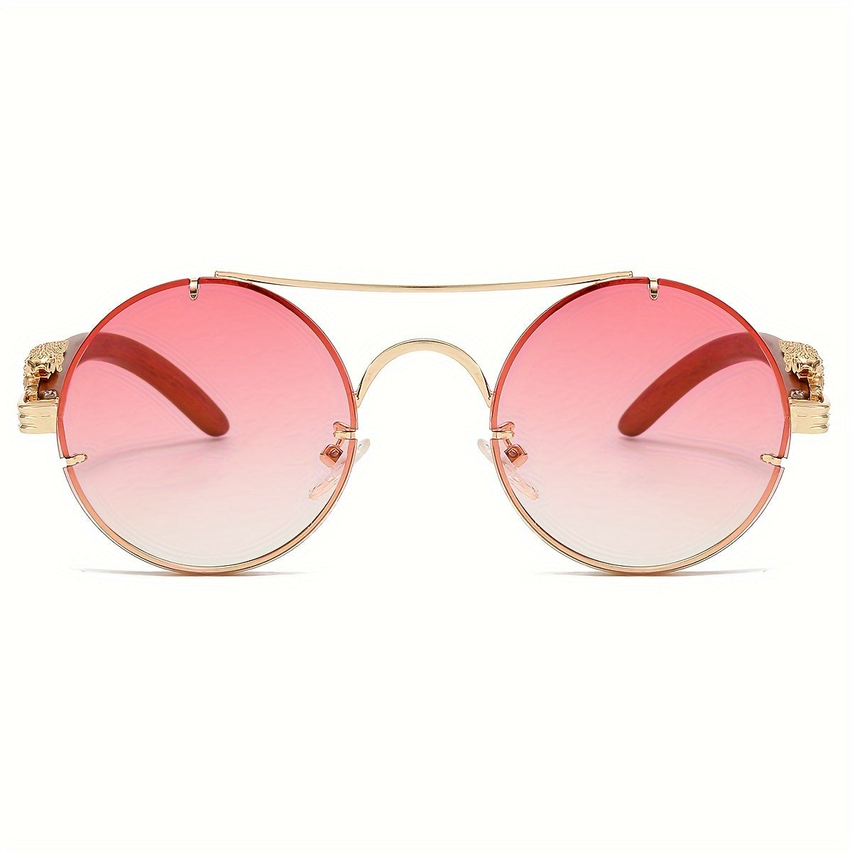Fashionable Round Metal Frame Sunglasses with Gradient PC Lenses - Includes Protection Case - Luxury Double Bridge Design, Leopard Detail Hinges, Stylish And Chic for Both Men And Women, Perfect for Vacation, Street Photography, And As a Unique Gift