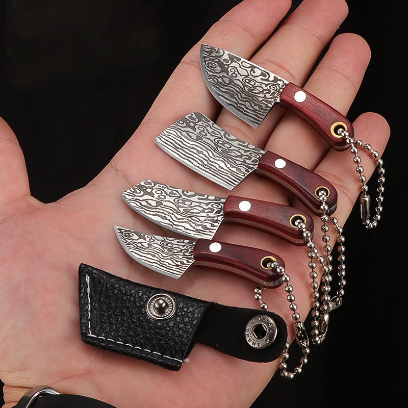 10pcs Random Premium Mini Knife Keychain Set (5 Knives And 5 Knife Sets), Damascus Pattern Pendant Blade, with Leather Cover, Stainless Steel, Non-Foldable, Straight Back, Flat Blade, Lightweight, Luxury Portable EDC Pocket Tool