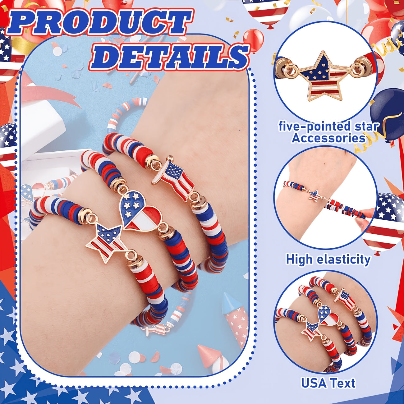 Celebrating 250 Years, These Patriotic Stretch Bracelets for Women Feature Retro Bohemian Designs with Red, White, And Blue Polymer Clay Beads. They Make Excellent Party Favors for The 4Th of July And Are Perfect Gifts for Everyday Wear Throughout T