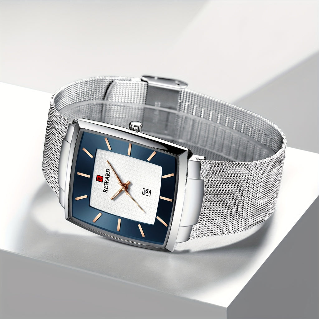 REWARD Fashion Watches Men Top Luxury Brand Square Blue Men's Wristwatch Stainless Steel Quartz Clock Male
