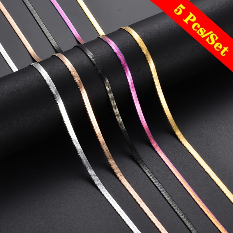 Set of 5 Timeless And Long-Lasting Stainless Steel Blade Chain Necklaces - Unisex Flatsake Couple Style, Hypoallergenic Collarbone Chain, Sweat-Resistant Beach Necklace