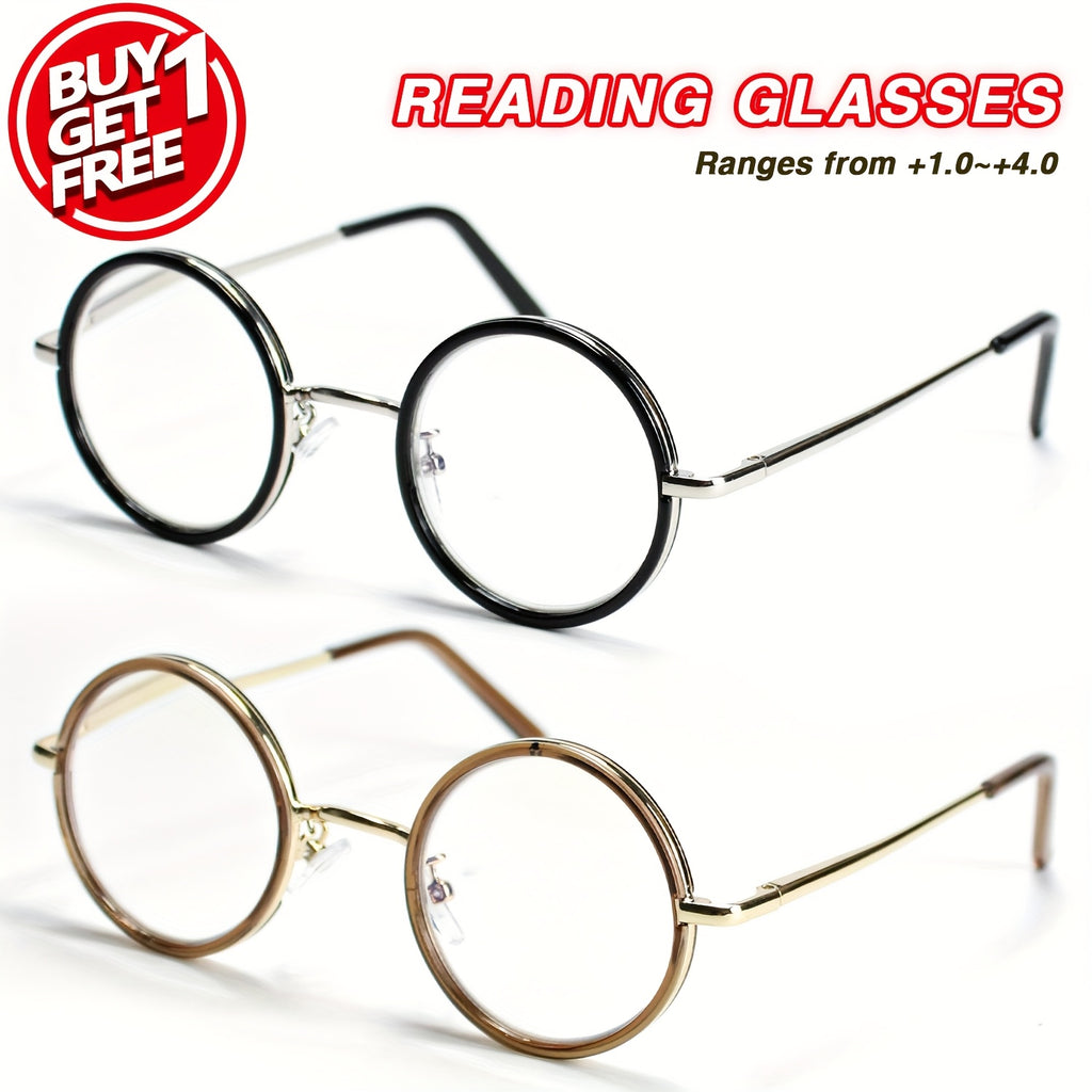 2pcs Stylish Metal Round Reading Glasses for Men & Women - Comfortable Spring Hinges, Lenses, Lightweight Design, Perfect for Reading & Fashion, Includes Case & Cleaning Cloth, Cute Glasse