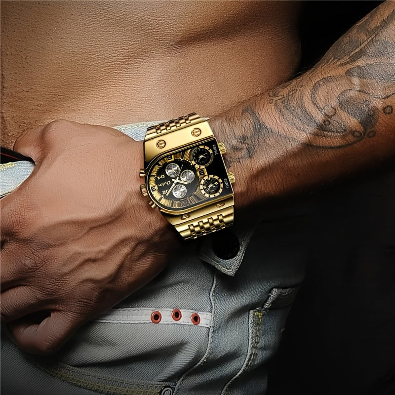 Opulent Men'S Golden Quartz Watch - Stylish Business Timekeeper Featuring Chronograph & Date Function, Alloy Band & Case, Powered by 36V Battery, Formal Attire Accessory | Refined Design | Roman Numeral Indicators
