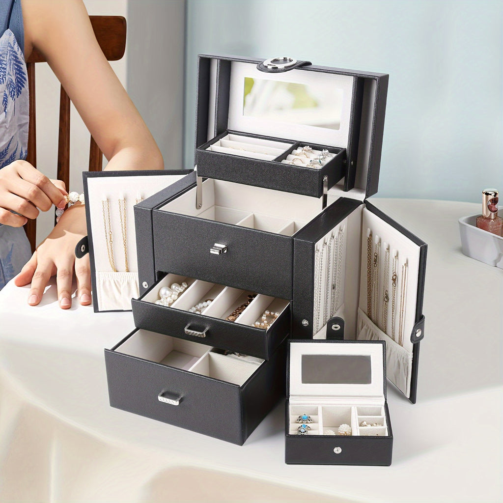 Women's Jewelry Box, Faux Leather Jewelry Storage Box with 2 Drawers and Mirror, Portable Travel Necklace, Ring Storage Box, Black