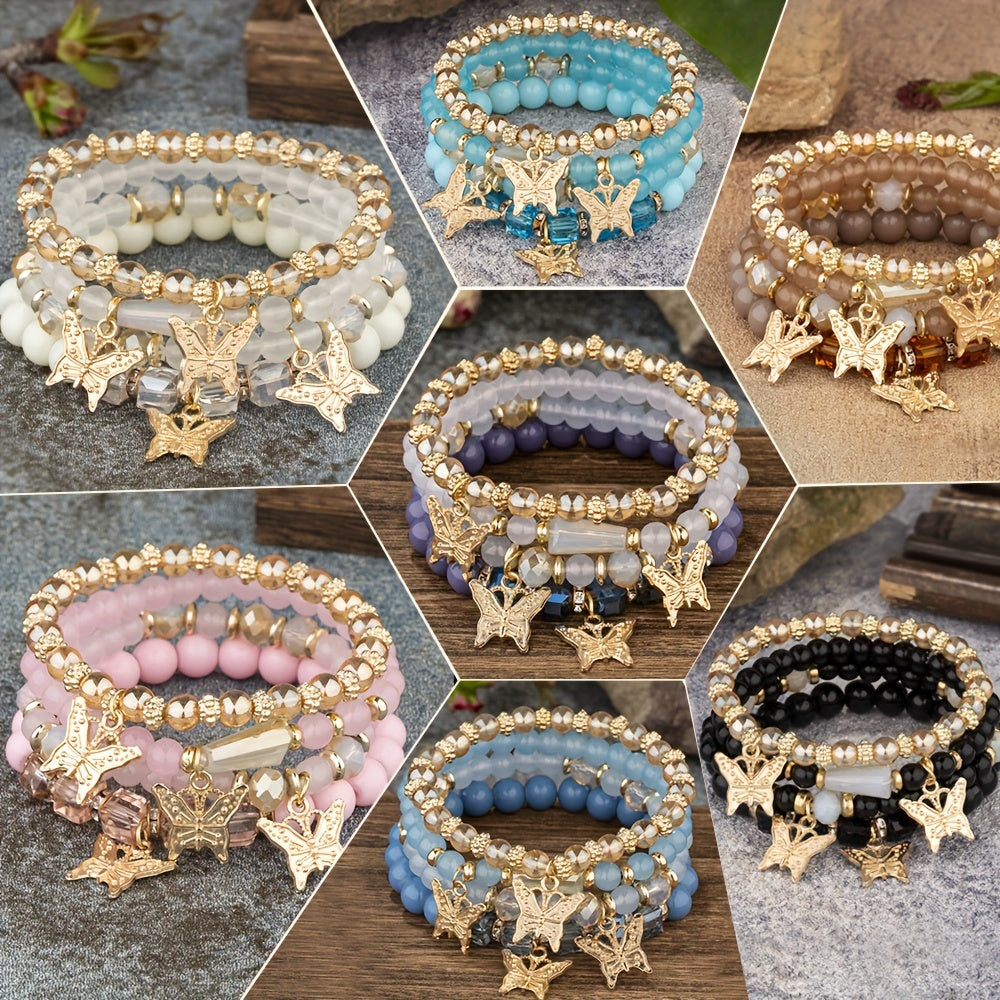 7 sets (a total of 28pcs) of multi-layer beaded stackable bracelet sets, artificial butterfly pendant jewelry sets, multi-layer beaded elastic bracelets, handmade jewelry sets -DIY beaded jewelry