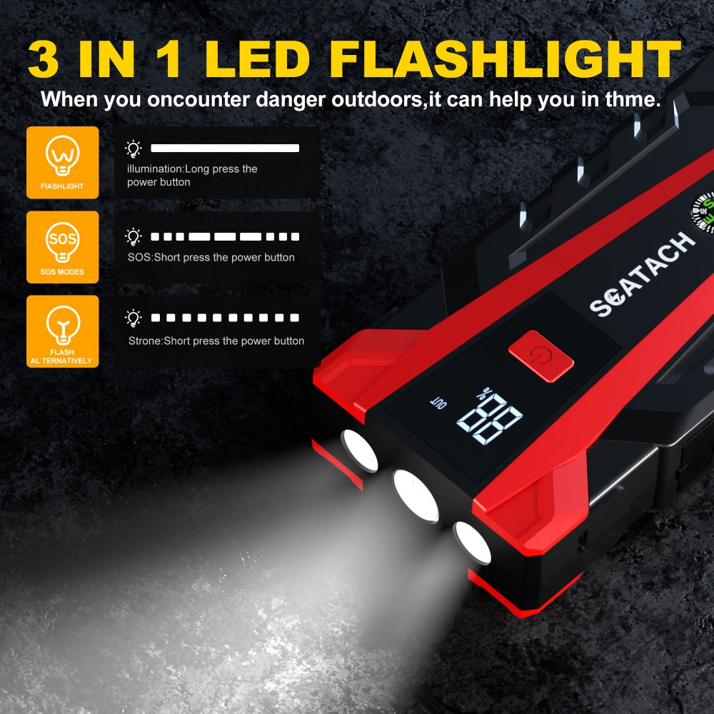 The Car Emergency Starter Power Supply Comes with A Digital Tire Pressure Gauge And Air Pump, A Window Breaker Hammer, And Is Suitable for 12V Cars, Trucks, SUV, Rvs, And Motorcycles. It Features A Multi-Functional Portable LED Display, SOS