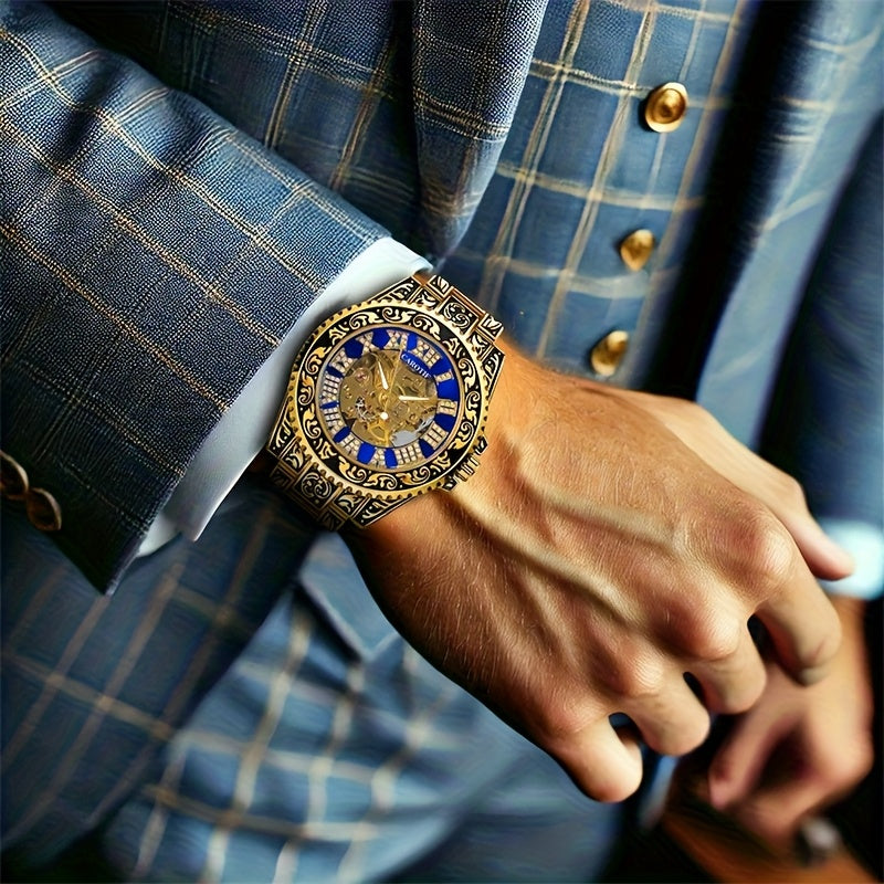 1pc Men'S Red Steel Belt Watch Featuring a Retro Design, Unique Fashion, And Luminous Carved Mechanical Elements, Without Battery