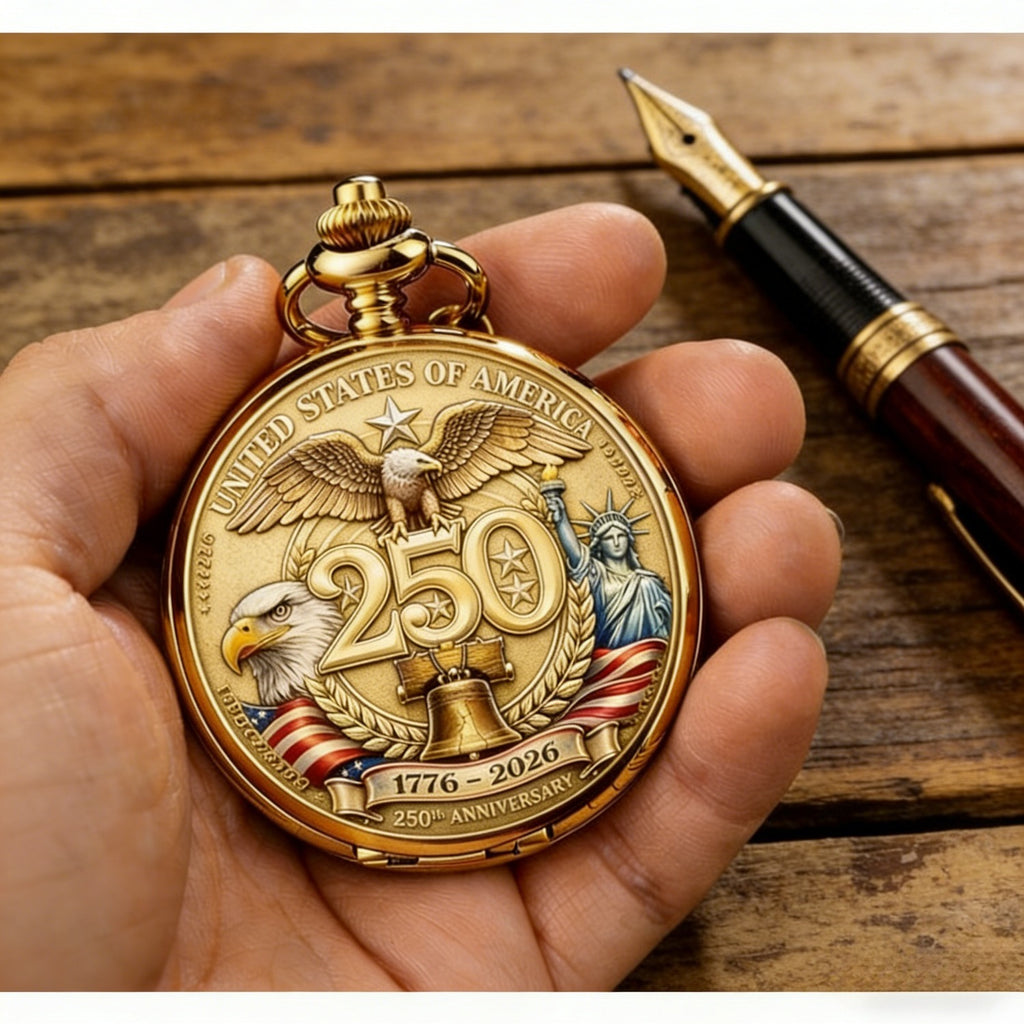 1776-2026 USA 250th Anniversary Pocket Watch - Retro Winding Watch with Bald Eagle & Statue of Liberty, Suitable for History Buffs, Gift for 250 Years of Commemorative Timepiece