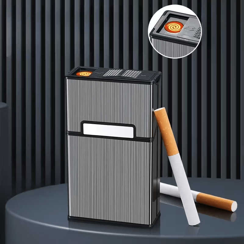 All-Black Rechargeable Lighter with Integrated Cigarette Case, Windproof, Holds 20 Cigarettes, Pressure-Resistant, Moisture-Proof, Flip-Top Lighter Case, Stylish for Business and Casual Use