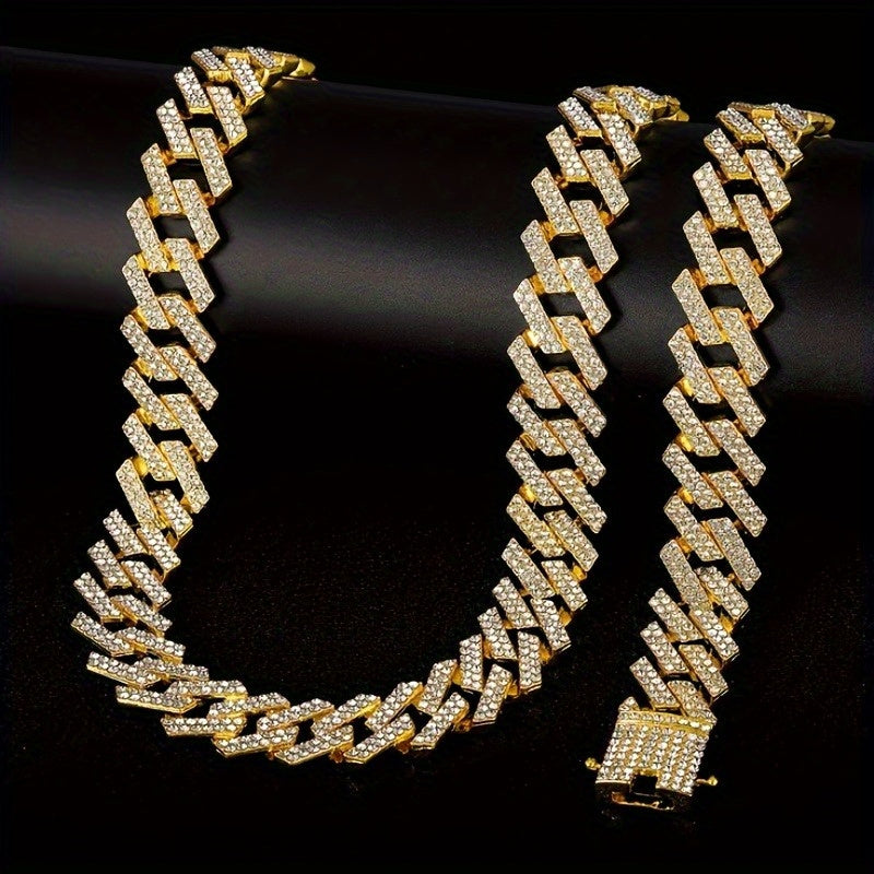2pcs Men Cuban Link Necklace And Bracelet Set Full Rhinestones Embellished Unisex Punk Inspired, Y2K Hip Hop Style Cuban Link Necklace Bracelet Jewelry Luxury Gift Idea for Him/Her