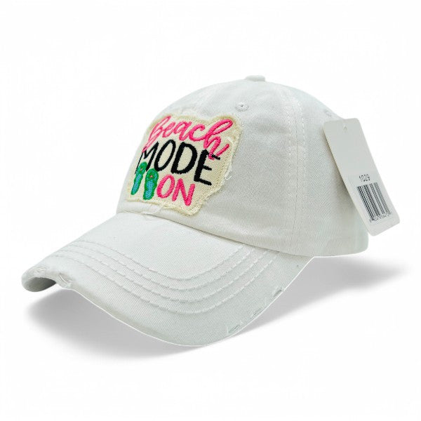 Beach Mode On Vintage Distressed Embroidered Baseball Cap For Women - 100% Cotton, Breathable, Casual, Adjustable, UV Protection
