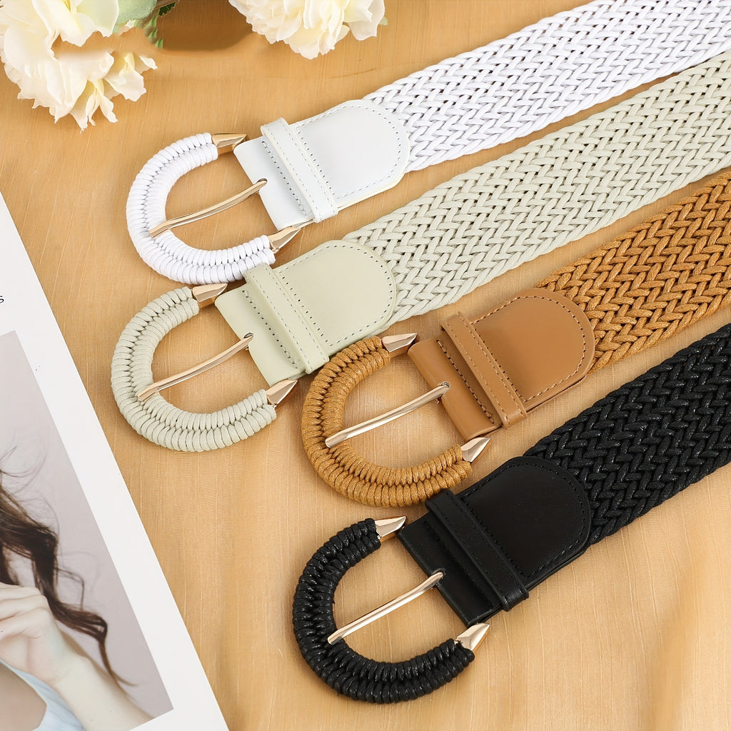Women'S Braided Rattan Wide Belt Waist Belt with Half-Circle Buckle for Summer Dress Jeans Pants