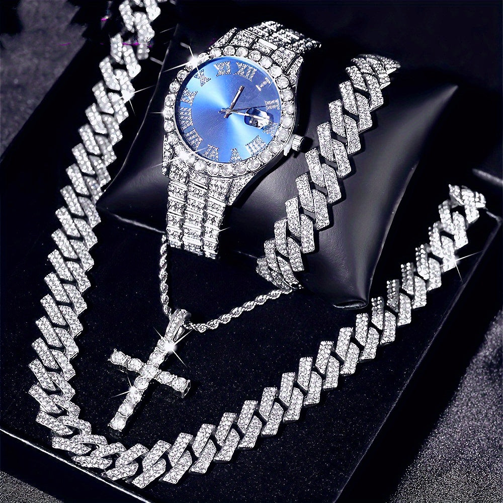 Luxury Cuban Link Jewelry Set: Necklace, Bracelet, Pendant Necklace, and Wristwatch Full Set - Ideal Gift for Holiday Celebrations, Valentine's Day, Christmas, and Birthdays