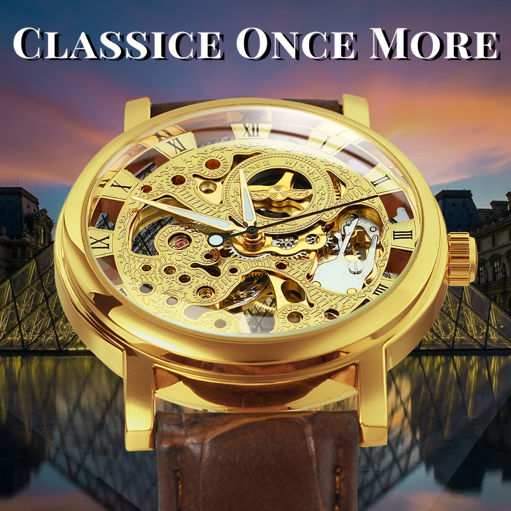 1pc Classic Luxury Golden Skeleton Hand Winding Mechanical Watches for Men Luminous Hands Top Brand Business Casual Retro Watch Festival Birthday Gifts
