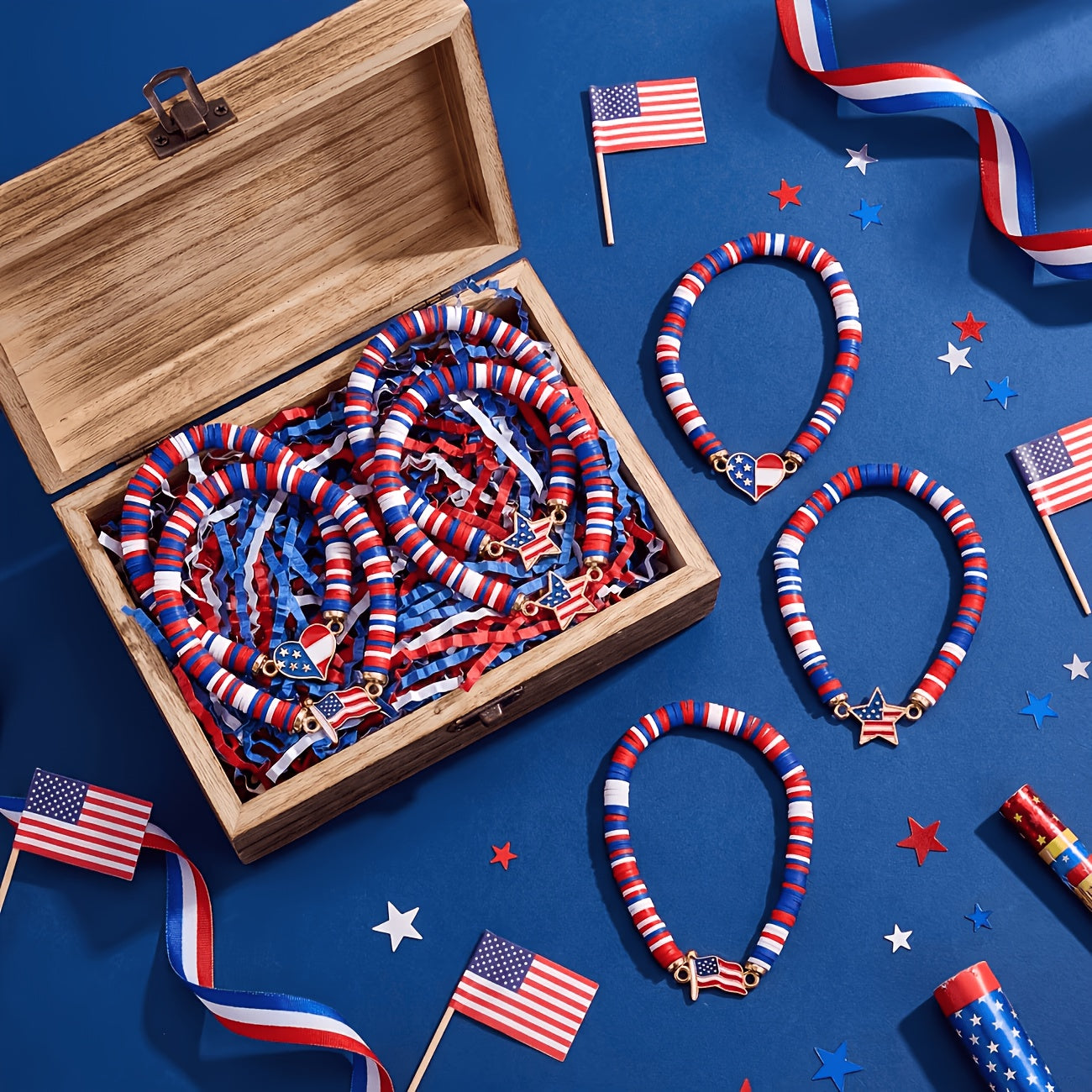 Celebrating 250 Years, These Patriotic Stretch Bracelets for Women Feature Retro Bohemian Designs with Red, White, And Blue Polymer Clay Beads. They Make Excellent Party Favors for The 4Th of July And Are Perfect Gifts for Everyday Wear Throughout T