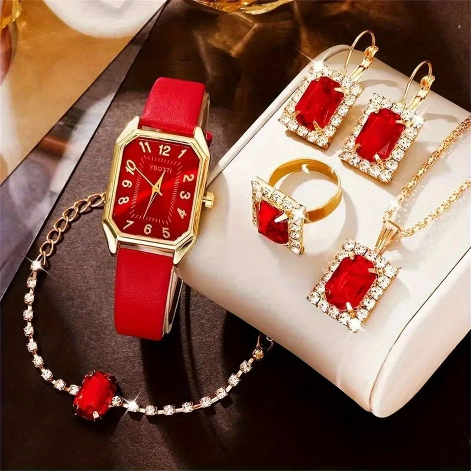 6pcs Women's Elegant PU Leather Quartz Watch & Jewelry Set with Matching Bracelet, Ring, Earrings, Necklace - Elegant Wristwatch Gift Suitable for Weddings,, Birthdays - Complete Accessory