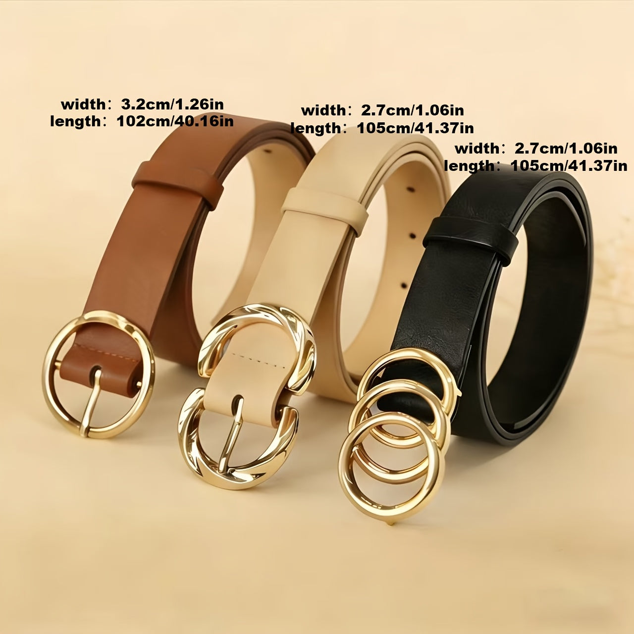 3pcs Set of Women'S Easy And Fashionable Versatile Belt, Jeans Dress Classic Belt, Three-Ring, Two-Ring And One-Ring Metal Buckle Design, Solid Color Elegant Belt, Daily Commuting Waist Additions, Multi-Functional