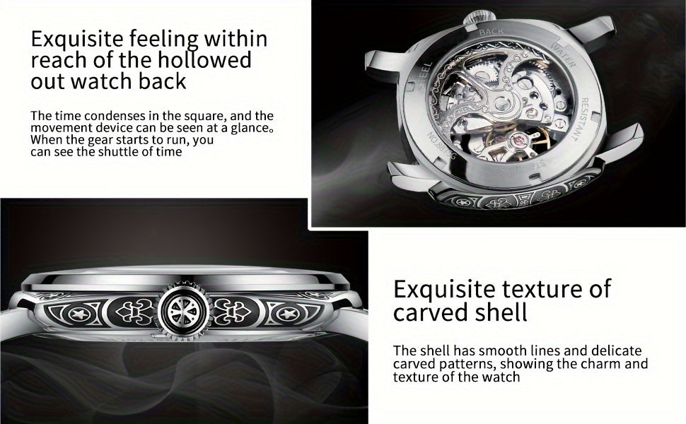 GLENAW Carved Automatic Watches for Men, Retro Tattoo Skeleton Self-Winding Mechanical Watch Men's Automatic - 3 ATM Waterproof, Luminous Hands, Skeleton Dial, Ideal for Everyday Wear and Formal Occasions