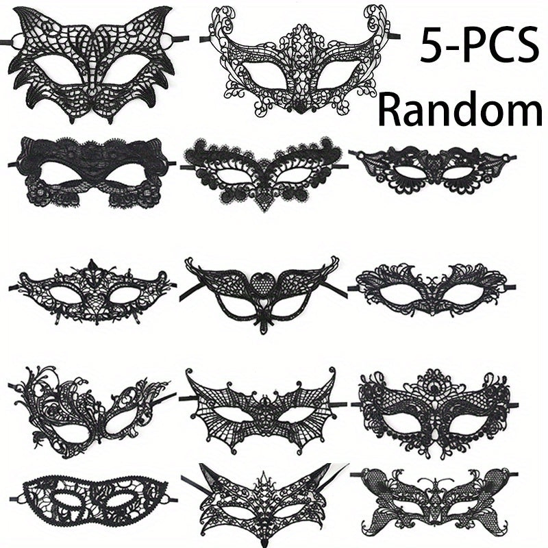 5pcs Sexy Black Fabric Lace Eye Masks Set Random Lace Mask | Half-Face Mask Women Party Cosplay Masquerade Accessories Vintage Hollow Black Flower Eye Masks Proms, Music Festivals, And Holiday Wear Accessories