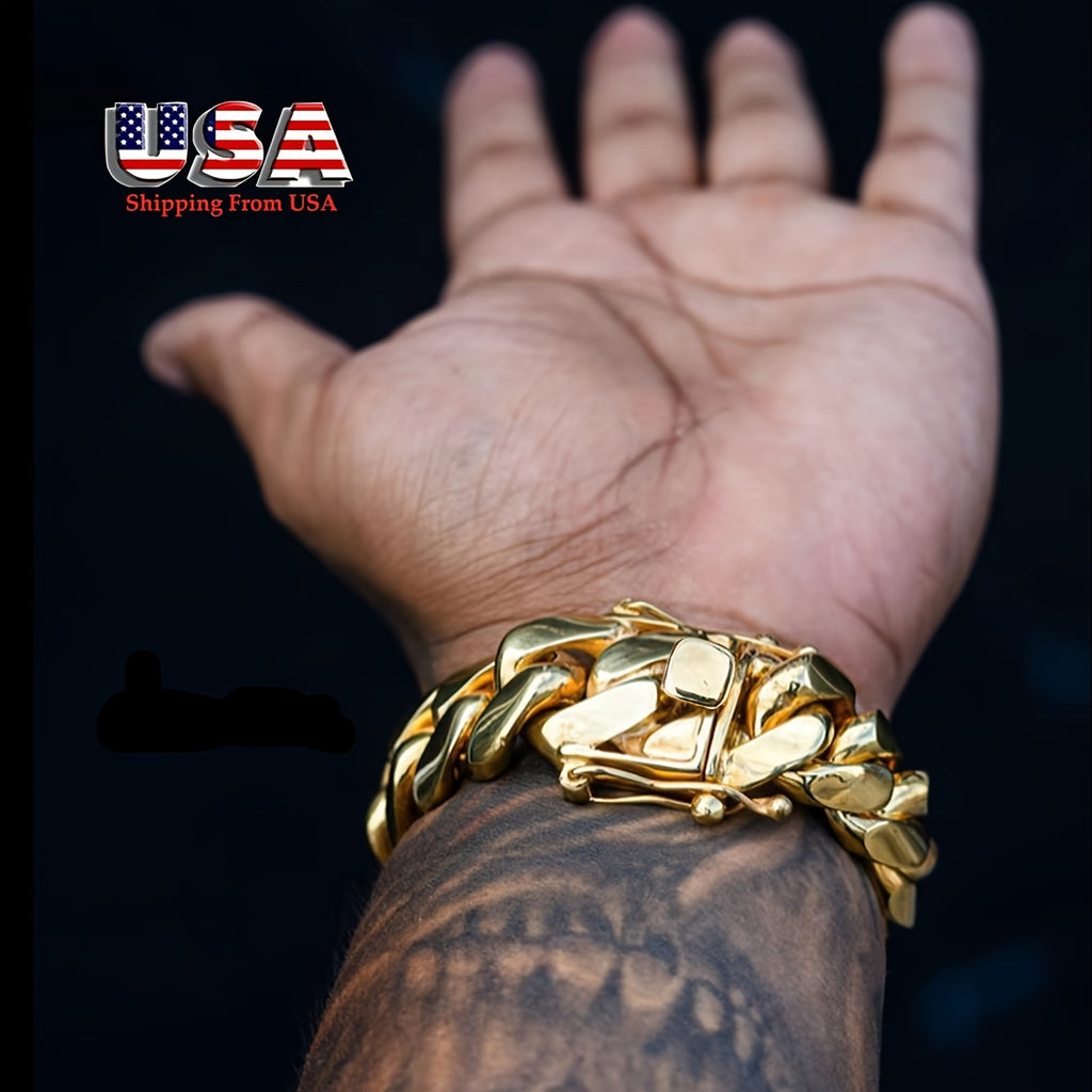 Men's 18K Gold Plated Cuban Chain Bracelet - 8/10/12/14/16/18/20/22mm Width Options, 18K Gold Plated Gold Plated Suitable for Daily Wear, Parties, Valentine's Gift, Events & Mardi Gras - Year-Round Luxury Accessory