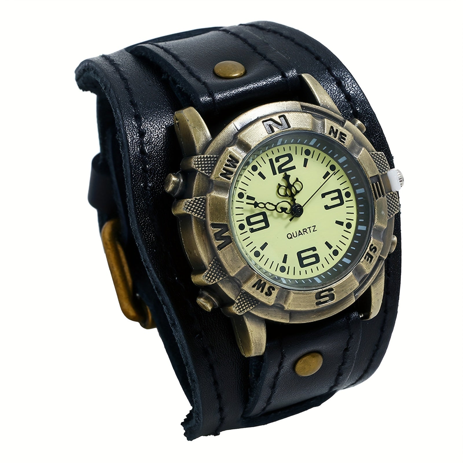 Vintage Steampunk Wide Leather Strap Analog Quartz Watch, Biker Watch, Round Case, For Men And Women, Halloween Christmas Father'S Day Mother'S Day Gift