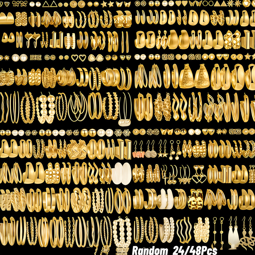 48 Stylish, Minimalist Golden-tone Alloy Earring Sets • A Random Selection • Perfect for Casual Attire, Holidays, Parties And As Festive Gifts