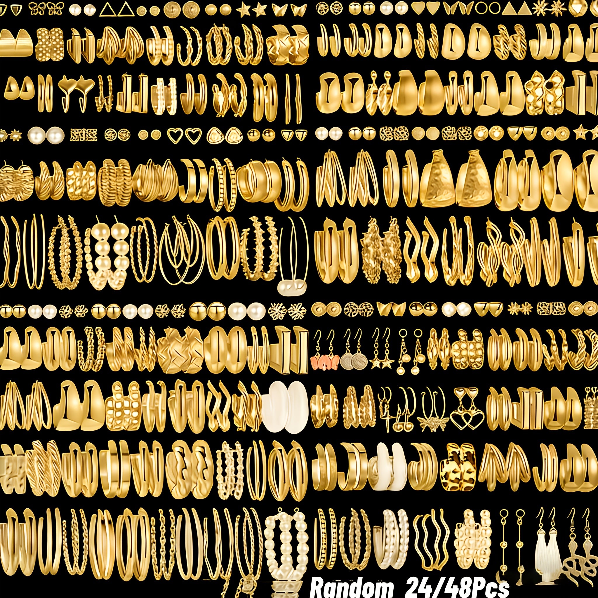 48 Stylish, Minimalist Golden-tone Alloy Earring Sets • A Random Selection • Perfect for Casual Attire, Holidays, Parties And As Festive Gifts