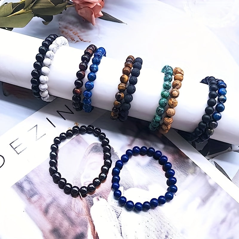 10pcs Set of 8Mm Round Beaded Bracelets for Both Men And Women, Natural Stone Elastic Beaded Bracelets Suitable for Both Genders, a Simple Gift for Festivals