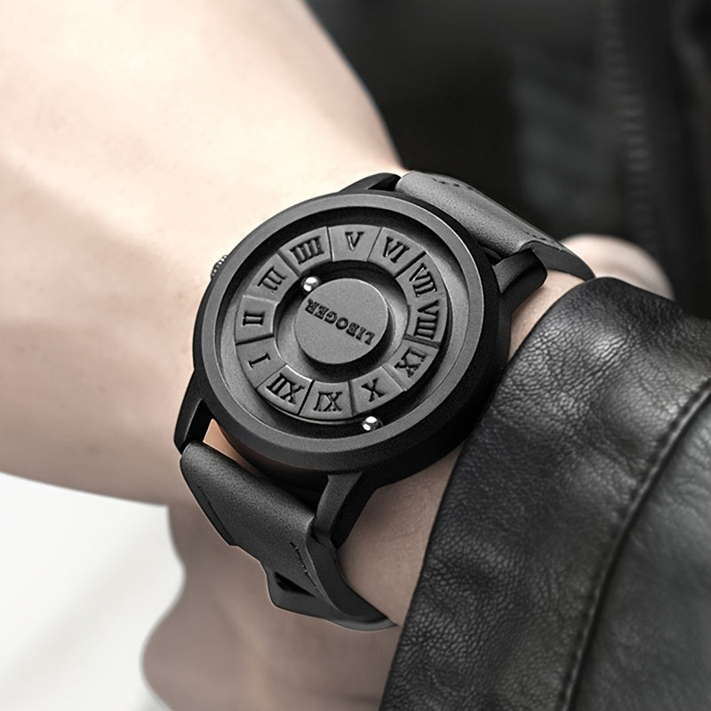 Vintage Magnetic Steel Ball Hand Men'S Watch High Quality Touch to Read Time New Design Faux Leather Strap Business Man Quartz Wristwatch for Male