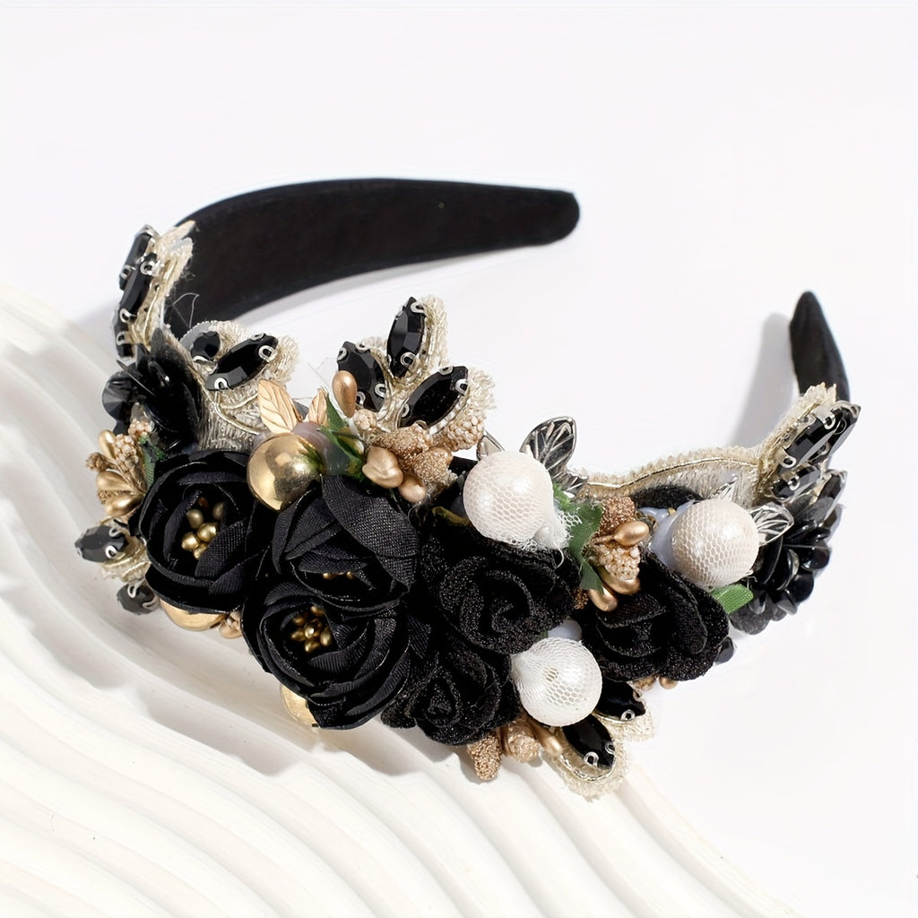 Elegant Baroque Rhinestone Faux Pearl Fabric Floral Headbands For Women, Perfect For Wedding Valentine's Day Bridal Bridesmaid Hair Accessories