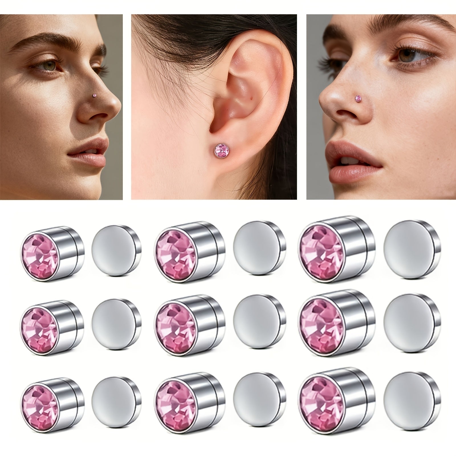8/9/12/14pcs Magnetic Stud Earrings for Men Round Square Embellished Stud Earrings