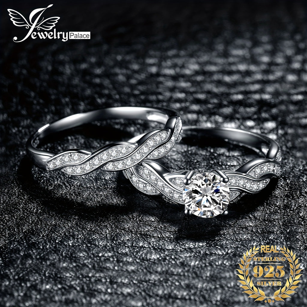 [Wedding Engagement Ring] 2pcs/Set 925 Sterling Silver Classic And Elegant Infinity Knot Design Round Cut Cubic Zirconia Decor Silvery Wedding Engagement Ring for Woman Bridal Set Ring Band Stackable Fine Jewelry