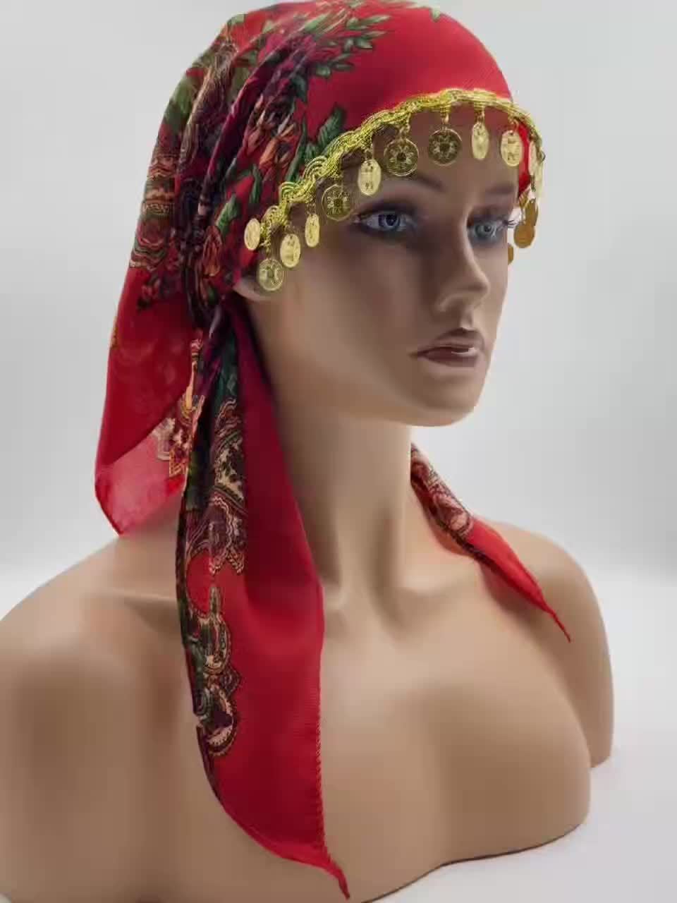 Elegant Golden Chain Headscarf - Breathable Lightweight 100% Polyester Shawl with Intricate Floral Print, Adjustable Closure for Ramadan & Special Occasions, Multi-Color Traditional Headgear