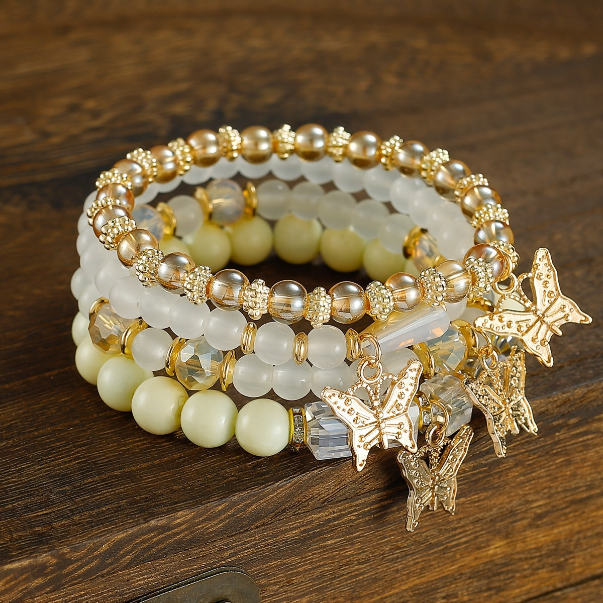 4pcs, 8pcs, 16pcs/Set Bohemian Elegant Gift Bracelet, Butterfly Sparkle Multi-Layered Beaded Fashion Bracelet, Elastic Charm Beaded Bracelet, The Perfect Gift for Stylish Ladies, Suitable for Ladies